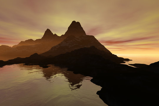 Sunset, a beautiful  landscape, fog on the rocks, reflection on water and colored clouds in the sky.