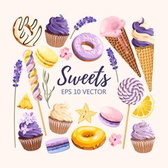Set of delicious fruit sweets and desserts