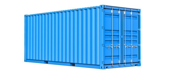 Blue cargo container shipping freight twenty feet. For logistics and see transportation. 3d Illustration, Isolated on white background. - obrazy, fototapety, plakaty