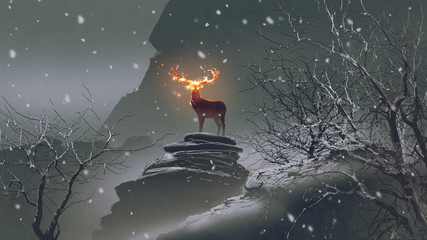 Fototapety  the deer with its fire horns standing on rocks in winter landscape, digital art style, illustration painting