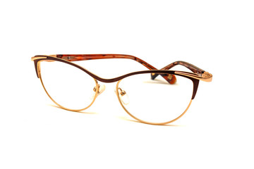 Golden sunglasses with closed shackle on white background