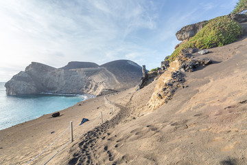 Fototapeta na wymiar Scenic seascape with Capelinhos Volcano in Faial Island, Azores, Portugal