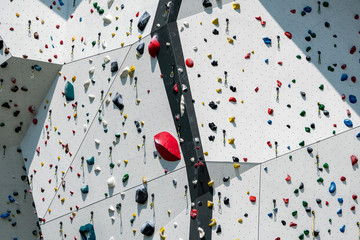 Climbing wall with colorful rocks