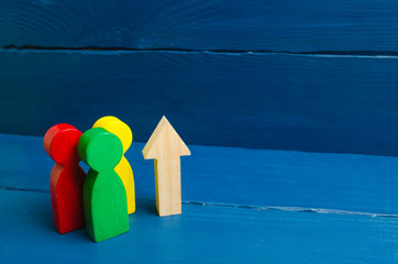 A group of people and an up arrow. Increase and growth, static data. Level up. Improving the...