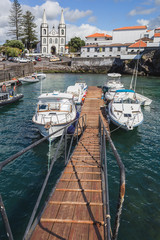 Portugal, Azores, Pico Island, Madalena, harbor view with the Igreja de Santa Madalena church