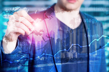 Business abstract background double exposure graph, chart and diagram. World wide map and. Global...
