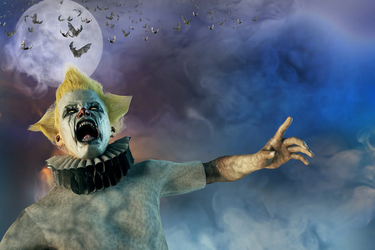 3D Illustration of scary clown Halloween background