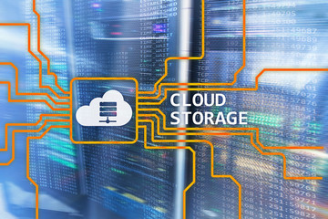 Cloud data storage concept on server room background.