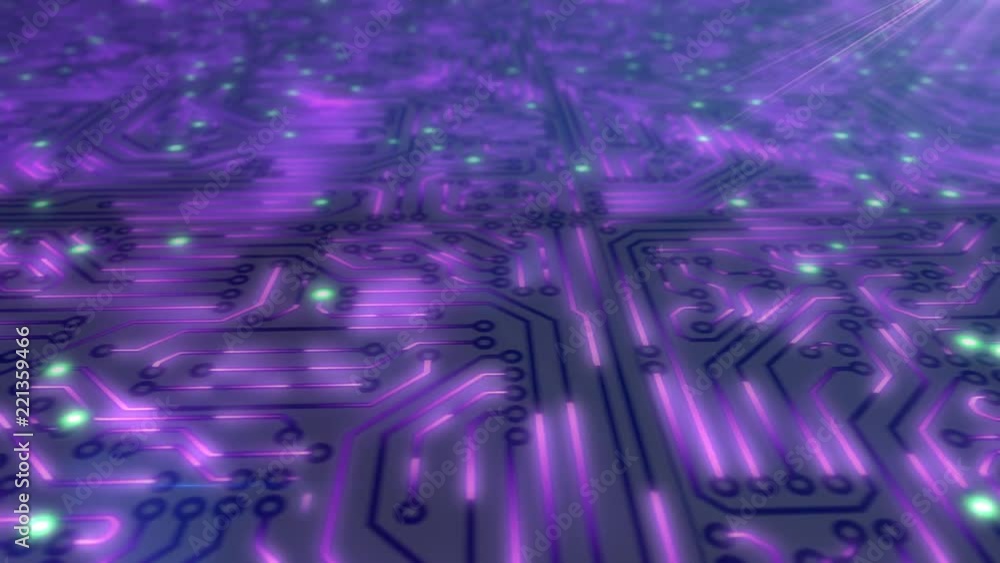 Poster seamless looping animated ultra violet glowing circuit board texture in 4k resolution