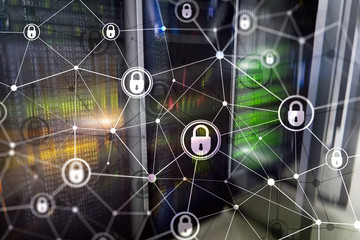 Cyber security, information privacy, data protection concept on modern server room background. Internet and digital technology concept.