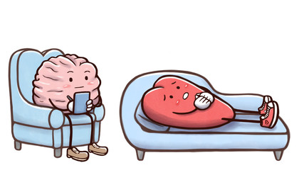 Psychologist brain in a therapy session with a patient heart on couch - isolated in white background