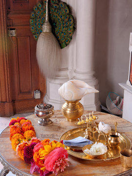 Hindu ceremony. Puja - set for offering to Prabhupada - guru of Hare Krishna.