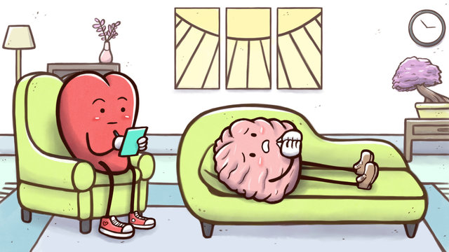 Psychologist heart in a therapy session with a patient brain on couch 