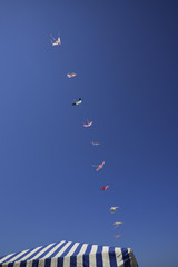 Colorful kites fly high in the blue sky