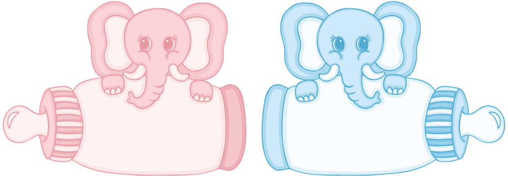 Pink And Blue Elephant With Baby Milk Bottle
