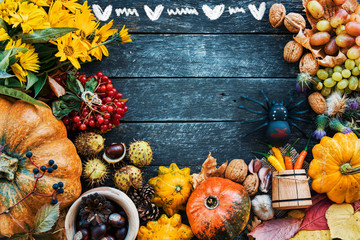 Happy Thanksgiving day concept - traditional holiday food with pumpkins on old wooden 