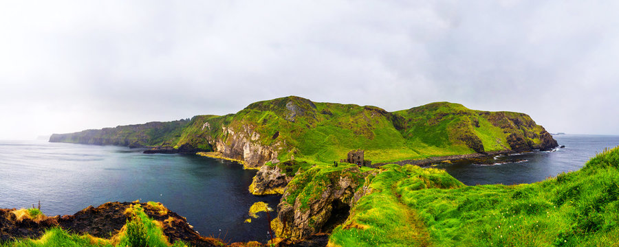 Panoramic view of a Causeway coast and gents with Kinbane castle and sea