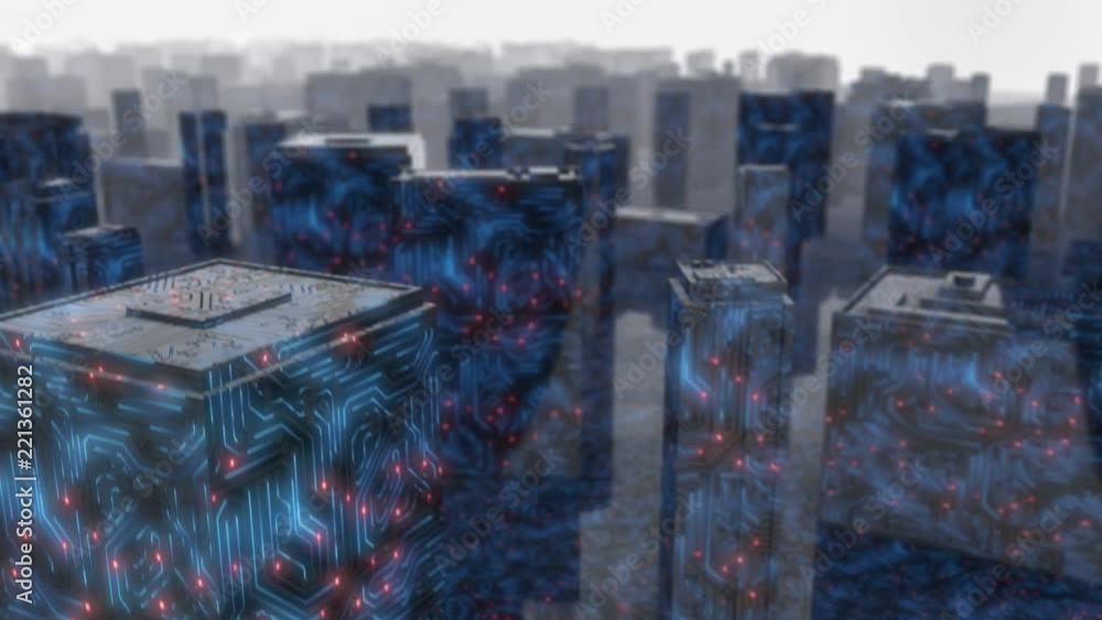 Poster seamless looping 3d animated buildings with a blue circuit board texture and green blinking lights i
