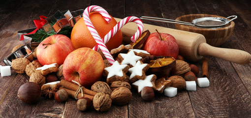 cookies, nuts and apples a christmas bakery concept.