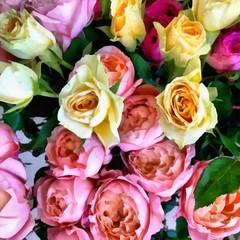 Acrylic painting on canvas art poster in floral motif. Modern style fashion artwork. Digital big size print in high resolution. Surreal flower in bright design. Beautiful flower bouquet. Wedding decor