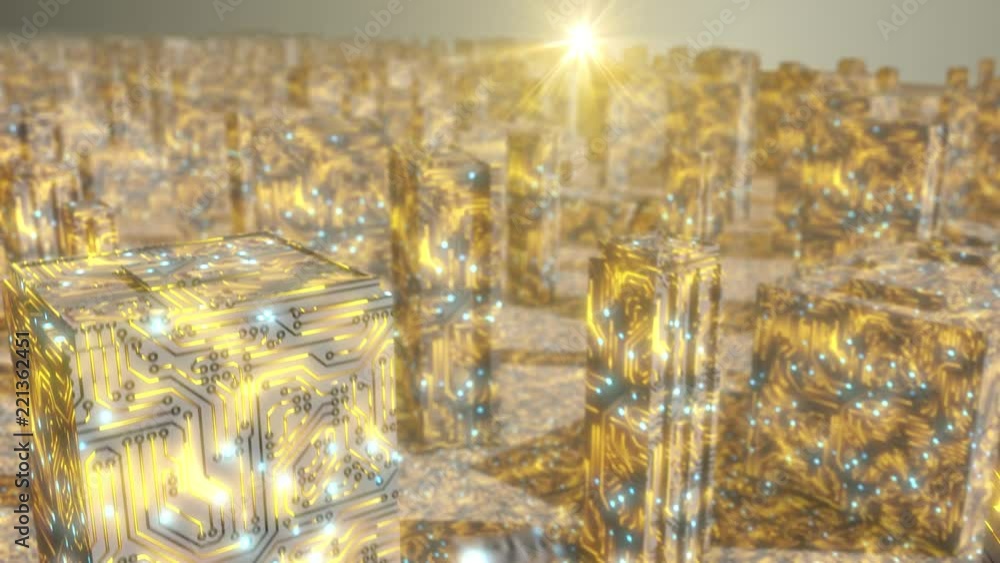 Poster seamless looping 3d animated buildings with an orange circuit board texture and green blinking light