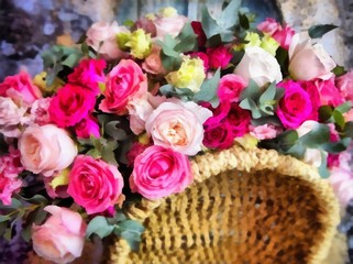 Acrylic painting on canvas art poster in floral motif. Modern style fashion artwork. Digital big size print in high resolution. Surreal flower in bright design. Beautiful flower bouquet. Wedding decor