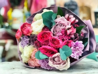 Acrylic painting on canvas art poster in floral motif. Modern style fashion artwork. Digital big size print in high resolution. Surreal flower in bright design. Beautiful flower bouquet. Wedding decor