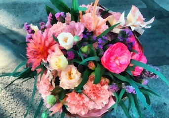 Acrylic painting on canvas art poster in floral motif. Modern style fashion artwork. Digital big size print in high resolution. Surreal flower in bright design. Beautiful flower bouquet. Wedding decor