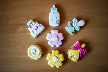 Christmas homemade gingerbread cookies on wooden table