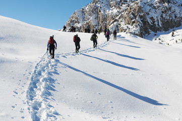 Fototapeta na wymiar Group of people walking in snowy place