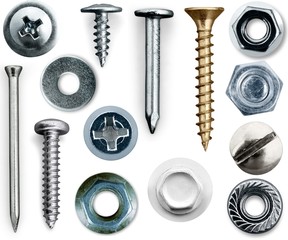 Various Screws and nuts, flat lay, top view, isolated on white