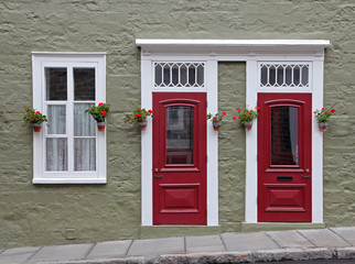 Doors and window of historical house in Quebec City, Canada