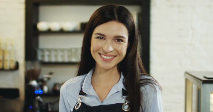 Portrait of the beautiful brunette waitress smiling cheerfully to the camera in the restaurant. Close up.