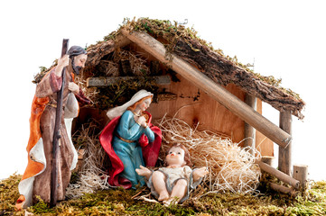 Christmas nativity scene with Holy Family in the hut, isolated on white background