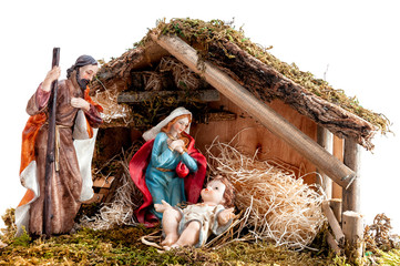 Christmas nativity scene with Holy Family in the hut, isolated on white background