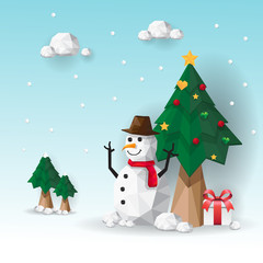 snowman and christmas tree with low poly design