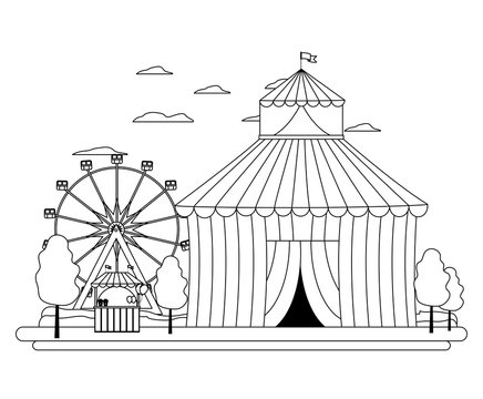 black and white circus scene with ferris wheel clip art preview