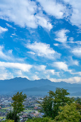 北アルプスと大町市街の眺望　大町市山岳博物館
