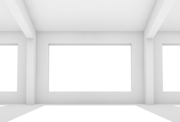 3d white room with empty windows