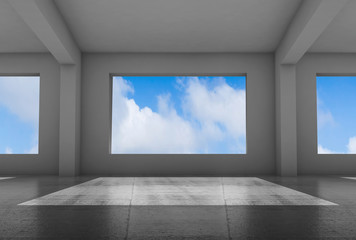 Empty white room with wide windows 3 d
