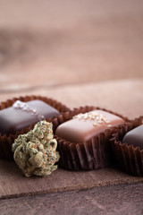 Bud of marijuana on wood with gourmet chocolate caramels, and space for text on top