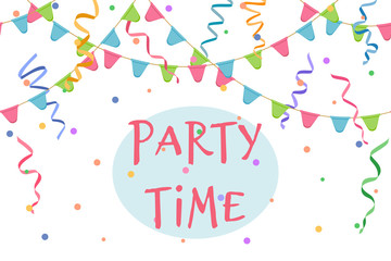 Party Time sign on serpentine background, with confetti and flags