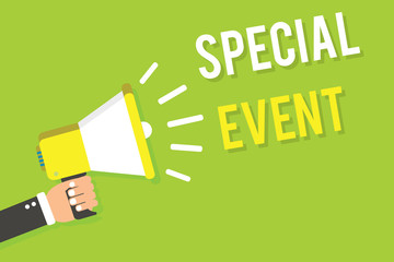 Conceptual hand writing showing Special Event. Business photo text Function to generate money for non profit a Crowded Occassion Man holding megaphone loudspeaker green background speaking loud