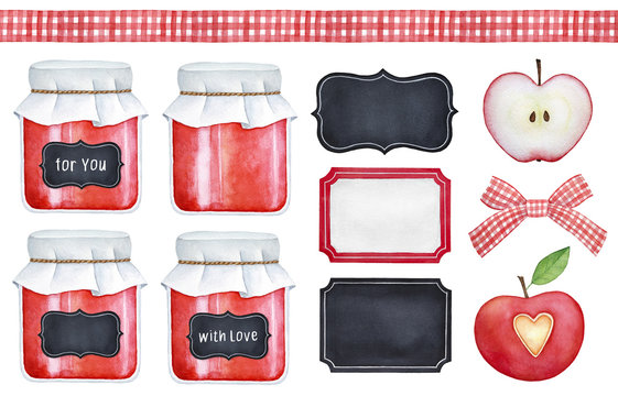 Homemade dessert collection. Glass jam jars, chalkboard sticker mockups, text notes "For You", "With Love", cute retro plaided ribbon, raw seasonal vitamines. Hand drawn watercolour graphic elements.