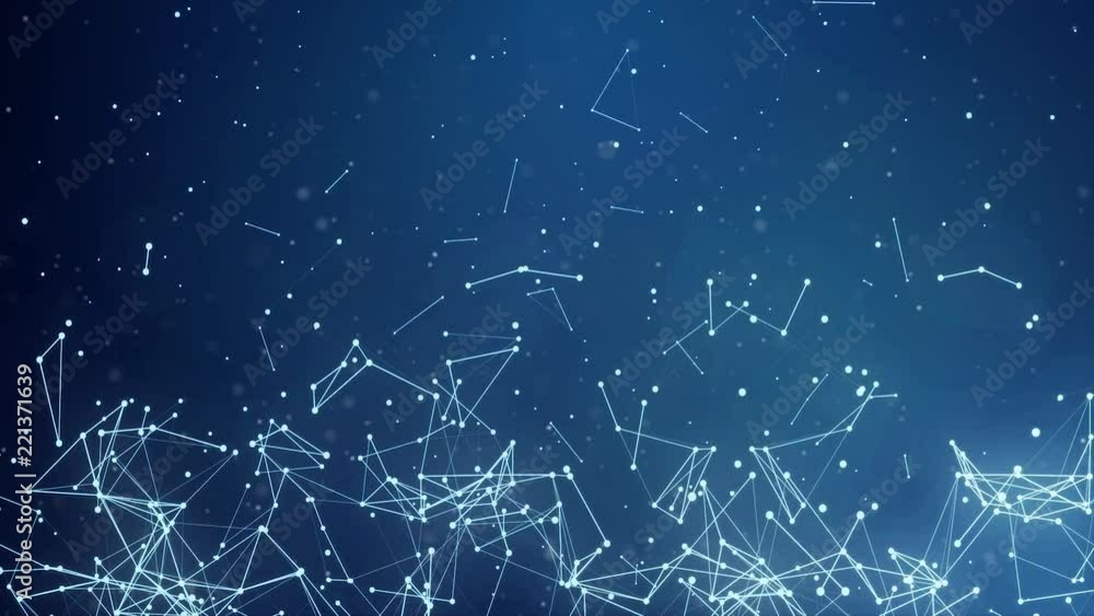 Poster 74. triangles, dots and lines are connecting with shine on blue abstract moving background . communi