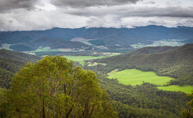 Panoramic Australian Alpine landscape Valley View with low clouds
