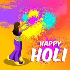Isometry of the spring festival, festival of colors, beautiful indian woman casts a colored prosy, bright beautiful background with an lettering
