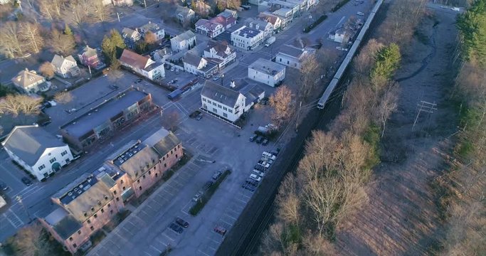 Aerial View Zooming Out of Passing Train and Westchester New York