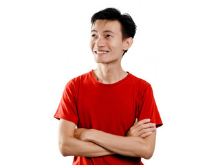 Headshot man happy on white background. Asians wear red short sleeves.