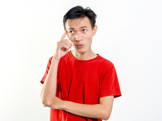 Headshot man think on white background, Asians wear red short sleeves.